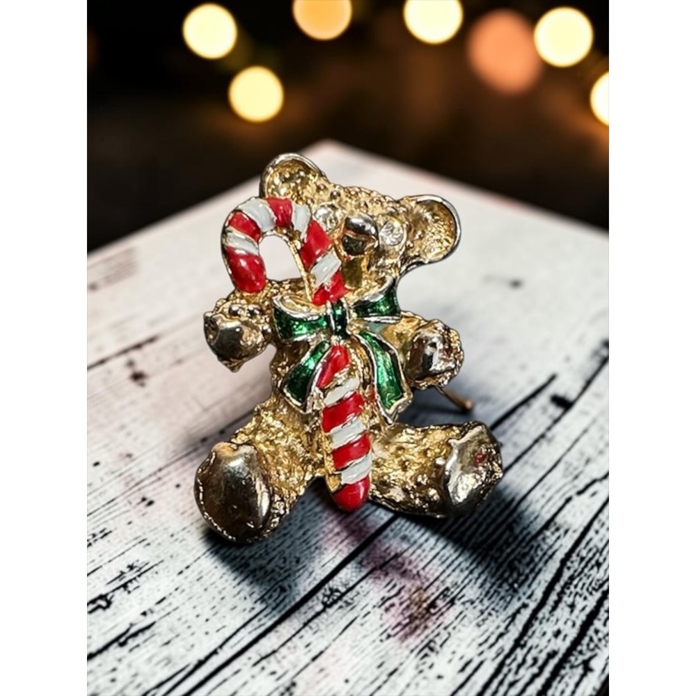 Vintage‎ Teddy Bear Brooch Gold Tone Christmas Candy Cane Enamel